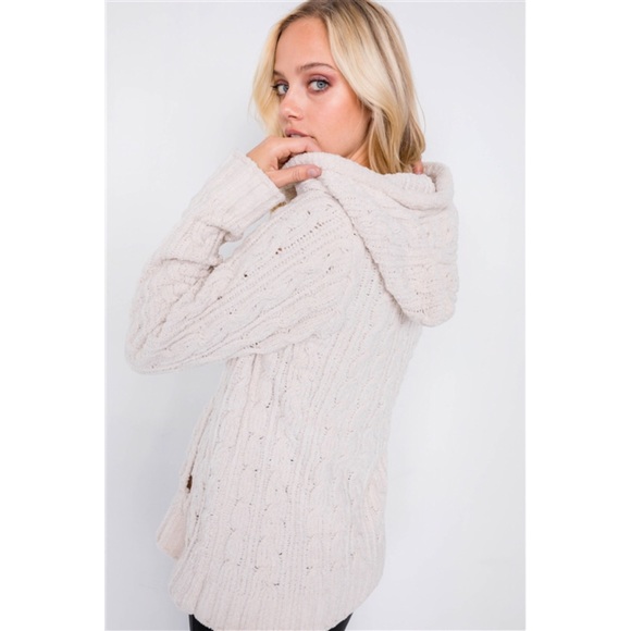 IVORY KNIT SUEDE FRONT ZIPPER HOODIE SWEATER - Picture 2 of 6